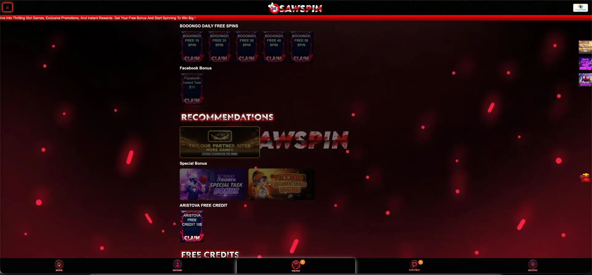 Sawspin casino bonus page with welcome offer and free spins