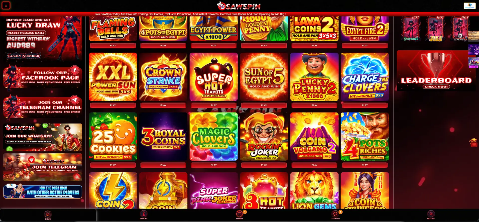 Sawspin casino lobby with pokies categories and promotional panels