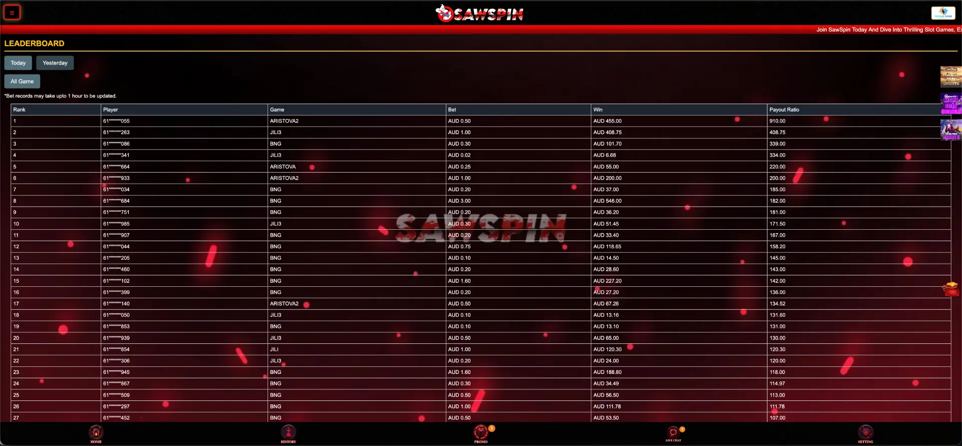 Sawspin leaderboard promotion with ranking rewards