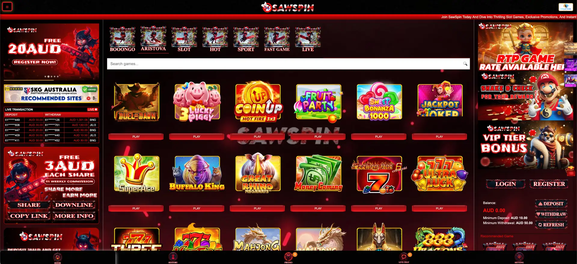 Sawspin pokies lobby with slot tiles and game categories